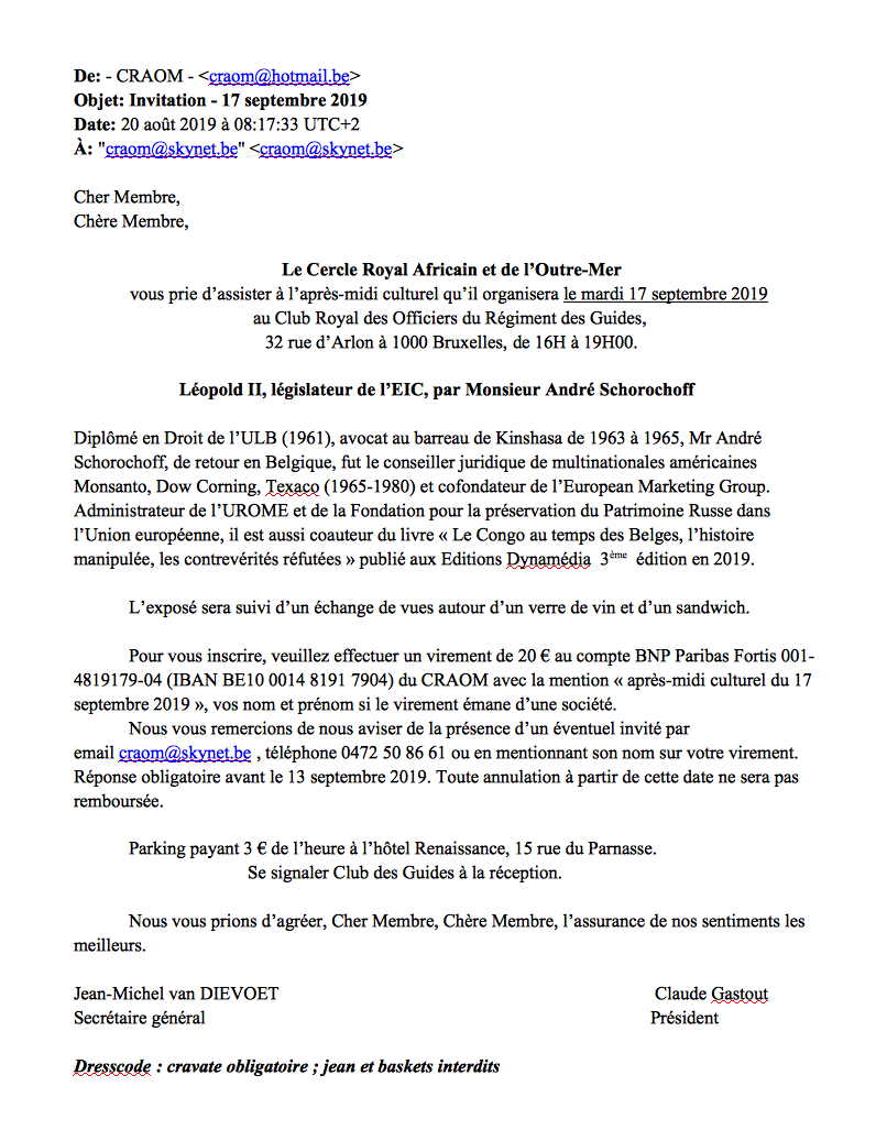 Lettre. Bruxelles. Léopold II, législateur de l’EIC, Conférence par André Schorochoff. 2019-09-17